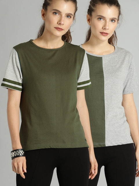 

Roadster Women Pack of 2 Olive & Green Solid T-shirts