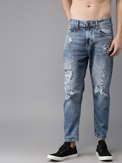 

HERE&NOW Men Blue Tapered Fit Cropped Mid-Rise Highly Distressed Jeans