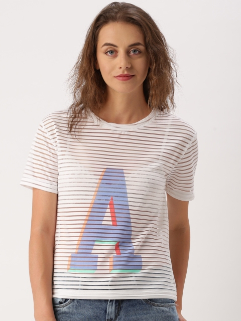 

Ms.Taken by Kriti Sanon Women White Striped Round Neck T-shirt