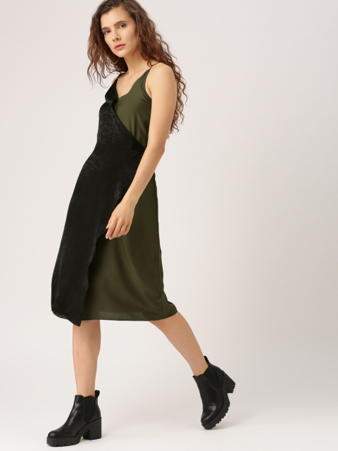 

Ms.Taken by Kriti Sanon Women Black & Olive Green Colourblocked Wrap Dress