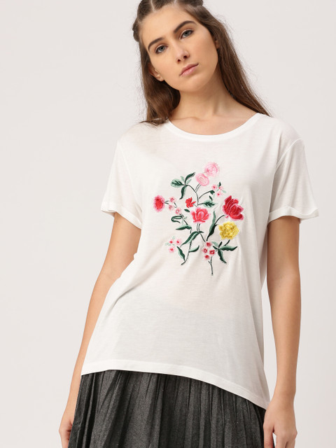 

Ms.Taken Women Off-White Self Design Round Neck T-shirt