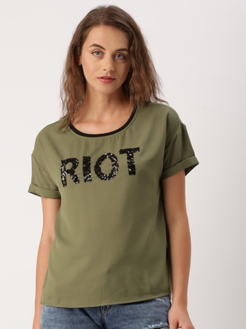 

Ms.Taken by Kriti Sanon Women Olive Green Embellished Top