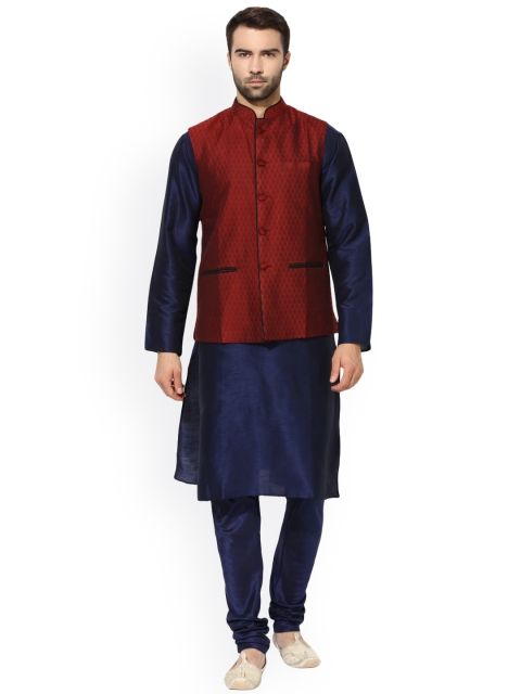 

KISAH Men Navy Blue & Maroon Self Design Kurta Waistcoat with Churidar