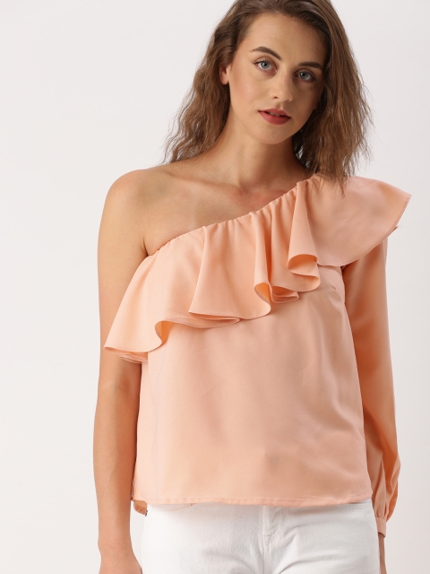 

Ms.Taken by Kriti Sanon Women Peach-Coloured Ruffled One-Shoulder Top