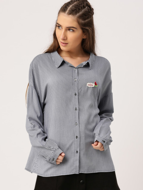 

Ms.Taken by Kriti Sanon Women Navy White Regular Fit Striped Casual Shirt, Navy blue