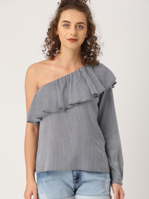 

Ms.Taken by Kriti Sanon Women Navy Blue & White Striped Bardot Top