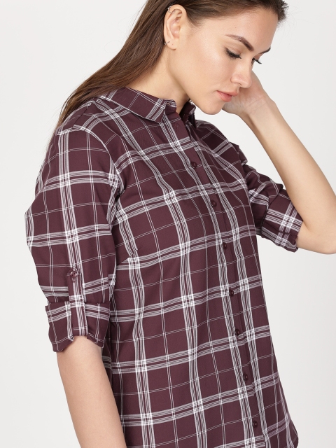 

ether Women Maroon & White Checked High-Low Hem Shirt