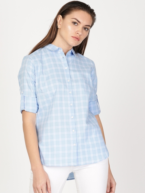 

ether Women Blue & White Regular Fit Checked Casual Shirt