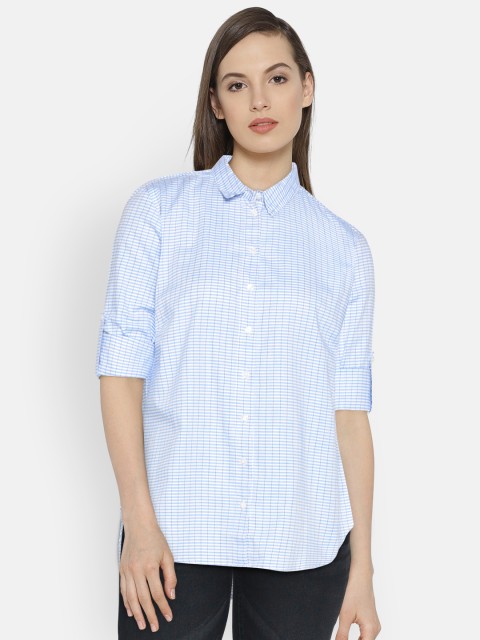 

ether Women Blue & White Slim Fit Checked Casual Shirt
