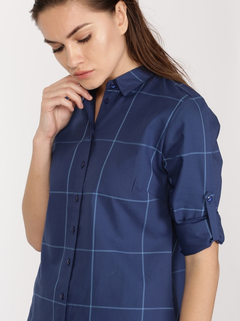 

ether Women Blue Checked High-Low Hem Shirt