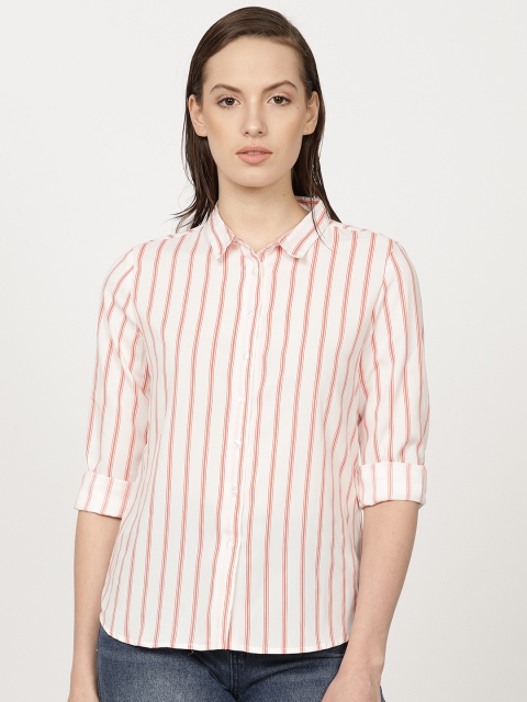 

ether Women White & Coral Regular Fit Striped Casual Shirt