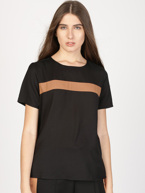

ether Women Black Solid Top with Contrast Stripe Detail