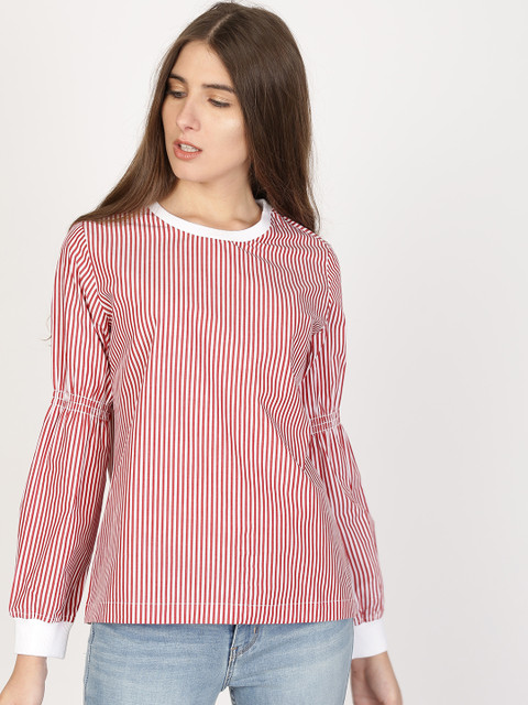 

ether Women Red Striped Top with Ribbed Detail