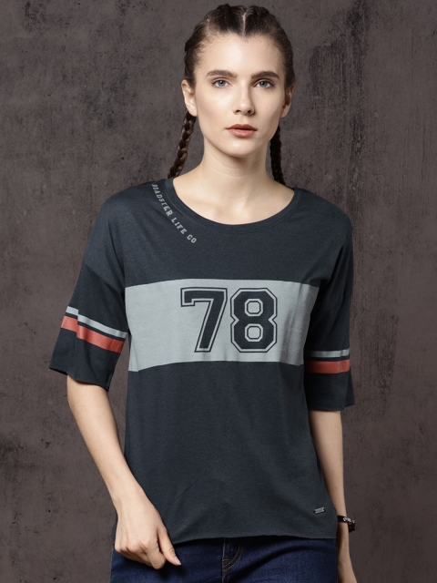 

Roadster Women Navy Printed Round Neck T-shirt, Navy blue