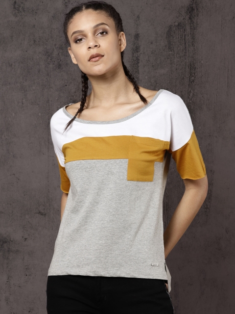 

Roadster Time Travlr Women Grey Melange & White Colourblocked Round Neck T-shirt