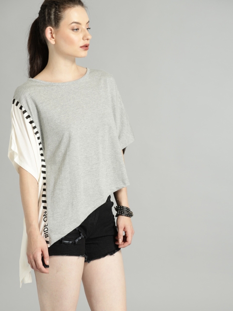 

Roadster Women Grey & White Colourblocked Round Neck T-shirt
