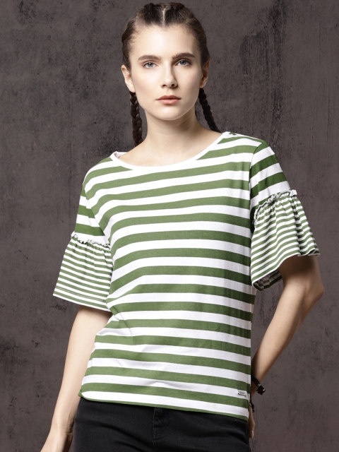 

Roadster Women Green & White Striped Round Neck T-shirt