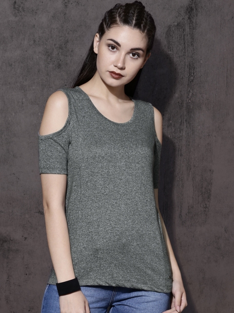 

Roadster Women Charcoal Grey Solid Cold-Shoulder Top