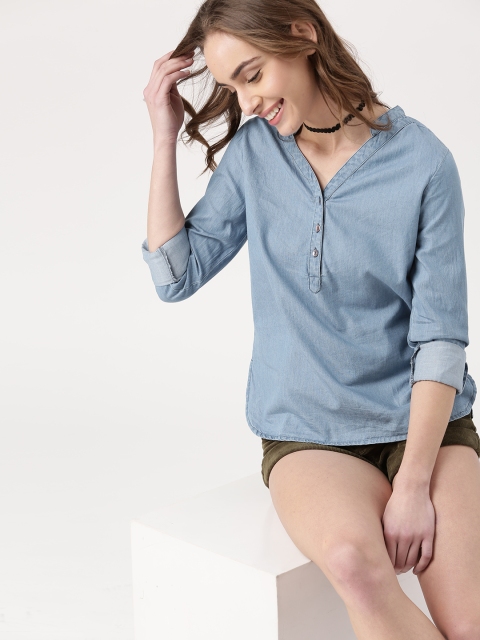 

DressBerry Women Blue Solid Chambray Shirt Style Top