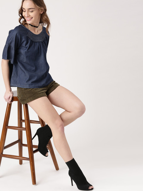 

DressBerry Women Navy Blue Solid Chambray Pure Cotton Top