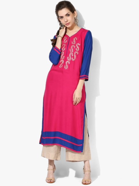 

Sangria Women Pink & Blue Embroidered Straight Kurta