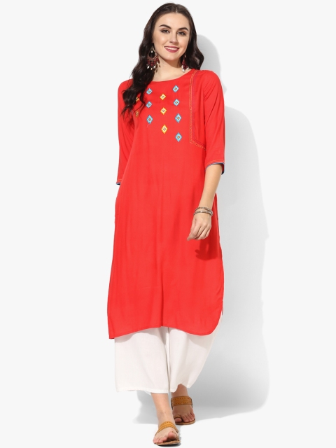 

Sangria Women Coral Embroidered Straight Kurta