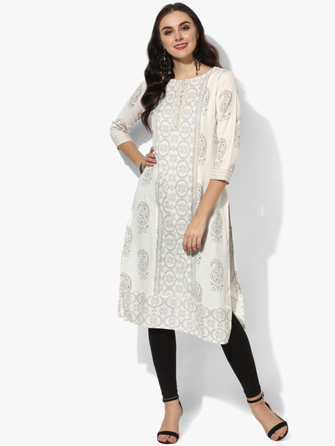 

Sangria Women White Block Printed Straight Kurta
