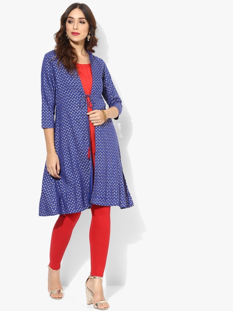 

Sangria Women Blue & Red Printed A-Line Kurta with Jacket