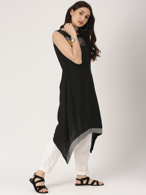 

IMARA Women Black Solid Asymmetrical Hem A-Line Kurta