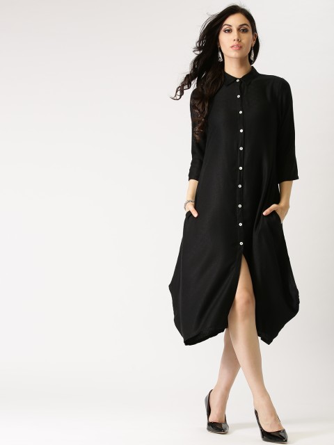 

IMARA Women Black Self-Design Midi Shirt Dress