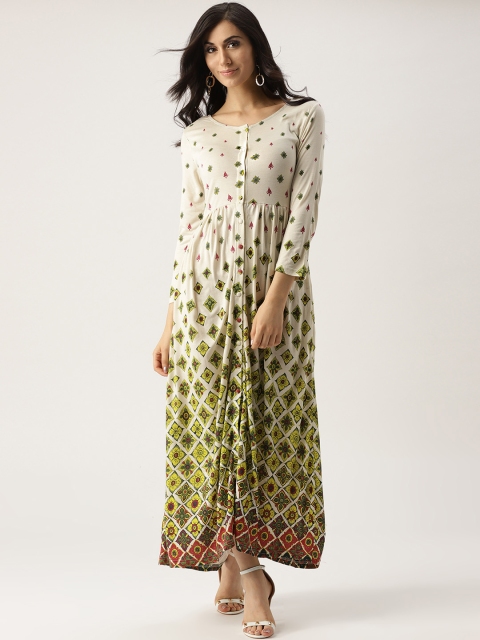 

IMARA Women Off-White & Green Printed Maxi Dress
