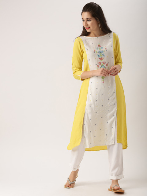 

IMARA Women Lime Green & Off-White Printed A-Line Kurta