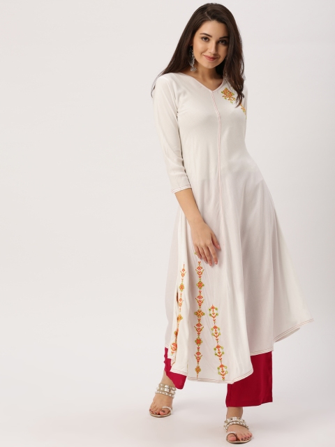 

IMARA Women White Embroidered A-Line Kurta