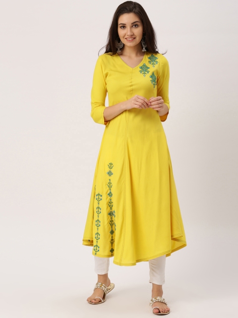 

IMARA Women Yellow Embroidered A-Line Kurta