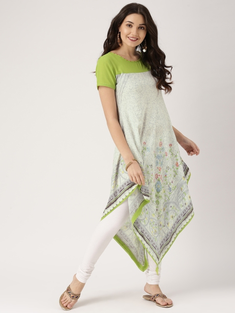 

IMARA Women Grey & Green Printed A-Line Asymmetric Kurta