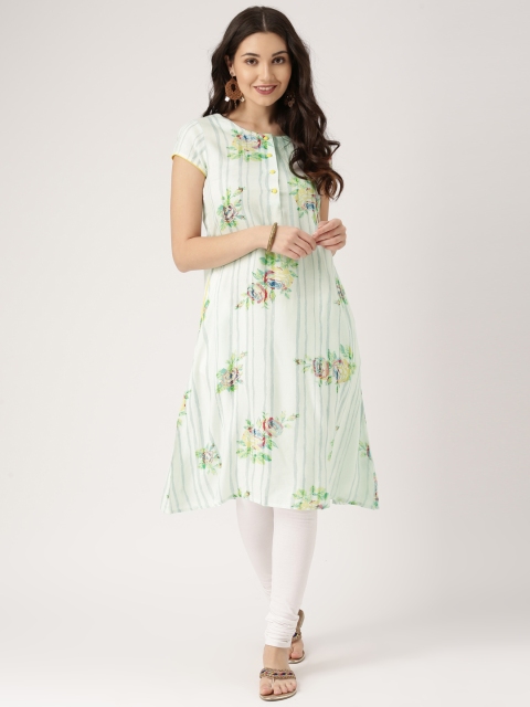 

IMARA Women White & Green Printed A-Line Kurta