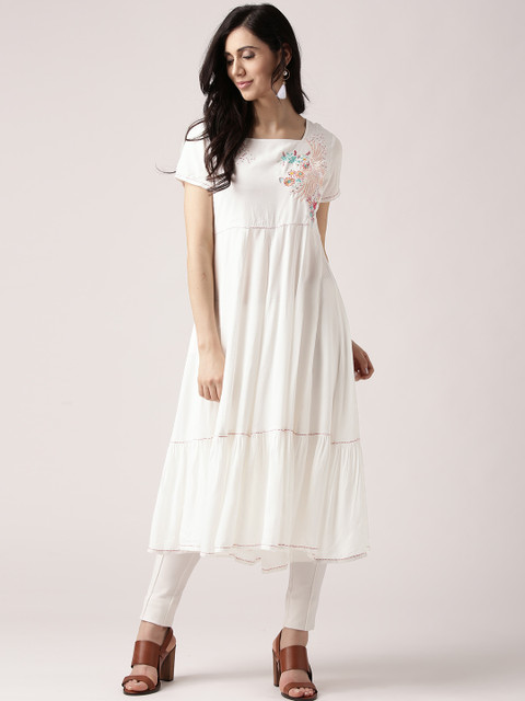 

IMARA Women White Embroidered Detail A-Line Kurta