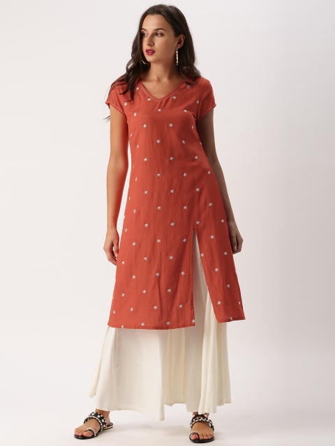 

IMARA Women Orange Embroidered A-Line Kurta