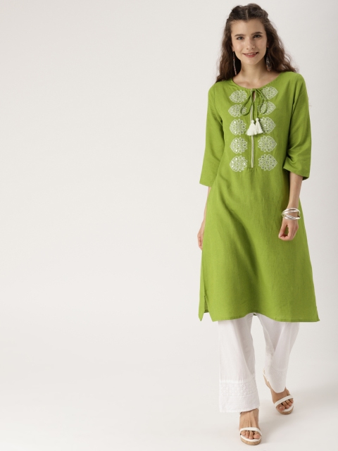 

IMARA Women Olive Green Yoke Design A-Line Kurta