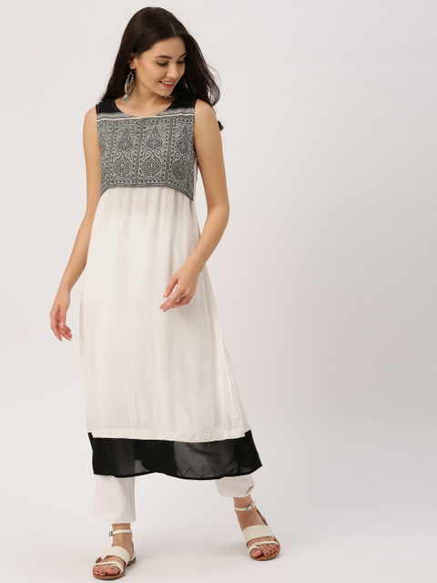 

IMARA Women White & Black Solid Straight Kurta
