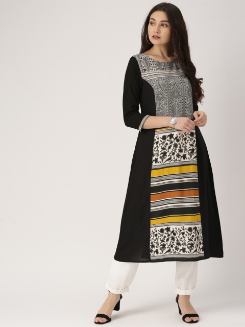 

IMARA Women Black & White Printed A-Line Kurta