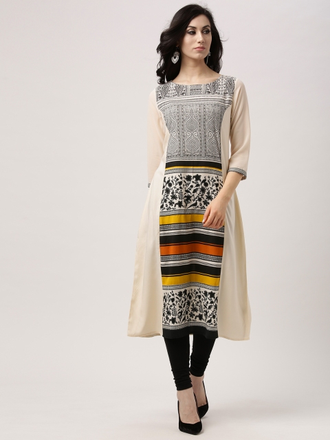 

IMARA Women Off-White & Black Printed A-Line Kurta