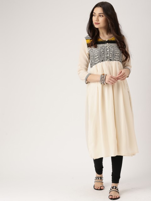 

IMARA Women Cream-Coloured & Black Printed Anarkali Kurta
