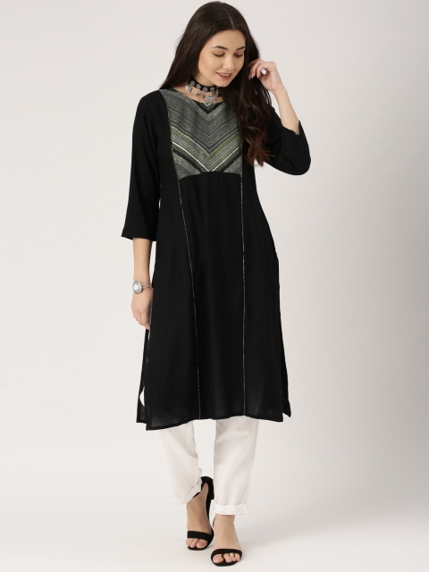 

IMARA Women Black Printed Straight Kurta
