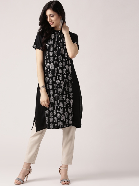 

IMARA Women Black & White Printed A-Line Kurta
