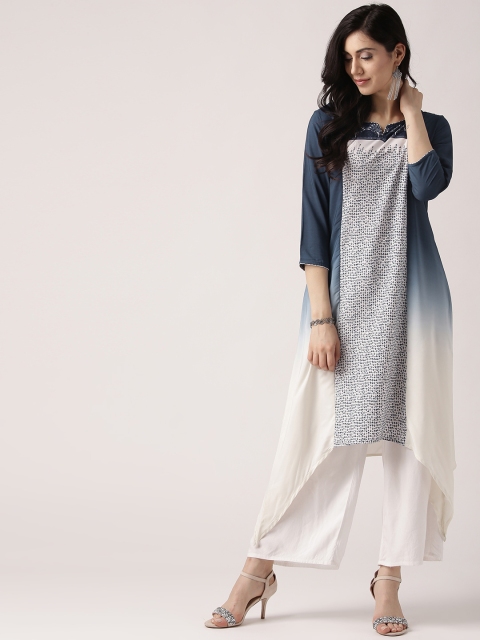 

IMARA Women Navy & White Printed A-Line Kurta, Navy blue