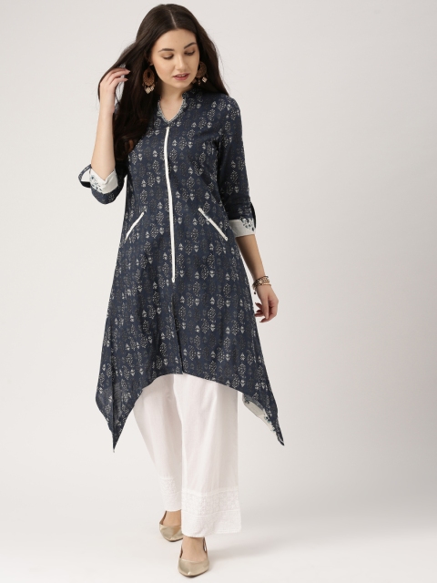 

IMARA Women Navy Printed Asymmetric A-Line Kurta, Navy blue