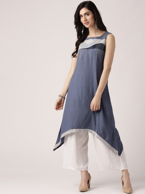 

IMARA Women Navy & White Yoke Design Asymmetric A-Line Kurta, Navy blue