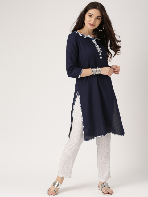 

IMARA Women Navy Bue Solid Straight Kurta, Navy blue