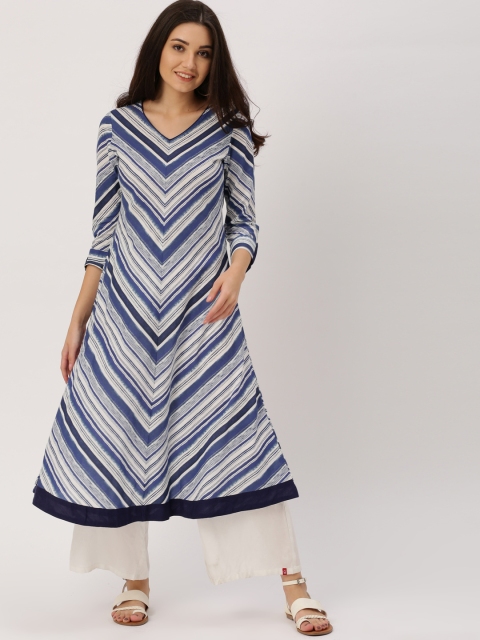 

IMARA Women White & Blue Printed A-Line Kurta